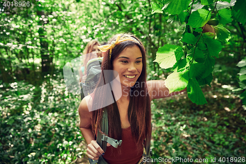 Image of group of smiling friends with backpacks hiking