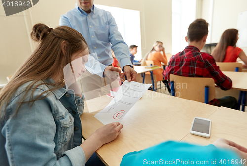 Image of teacher giving test results to group of students