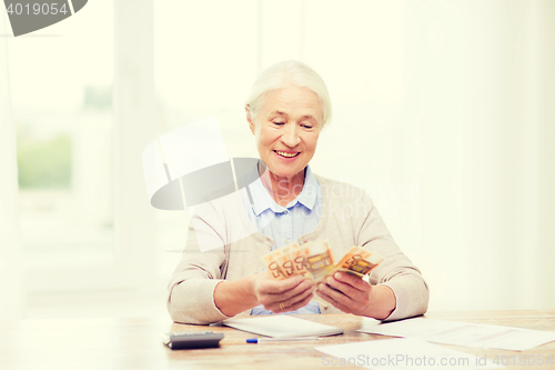 Image of senior woman with money and papers at home