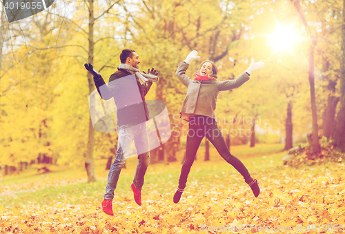 Image of smiling couple having fun in autumn park