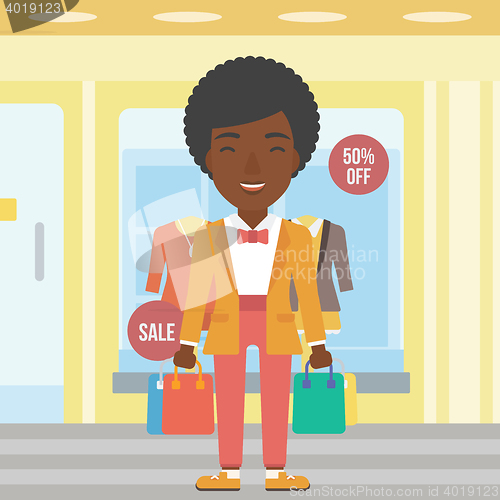 Image of Happy woman with bags vector illustration.