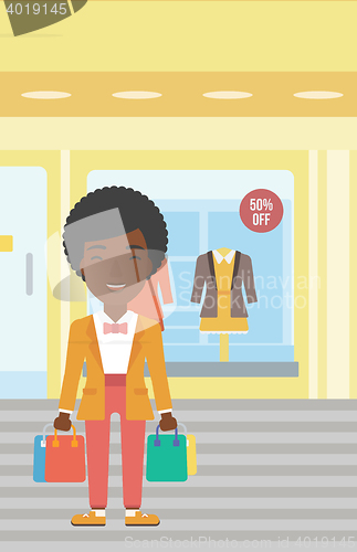 Image of Happy woman with bags vector illustration.