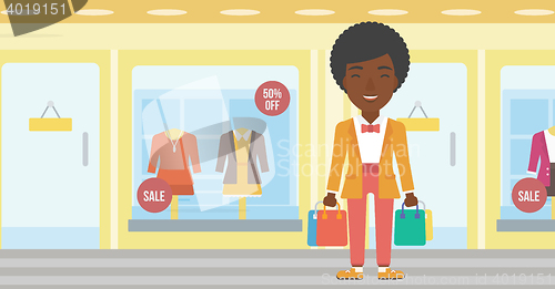 Image of Happy woman with bags vector illustration.