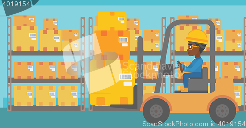 Image of Warehouse worker moving load by forklift truck.