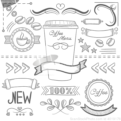 Image of Set of labels, ribbons, frames for coffe menu.