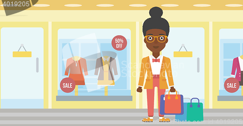 Image of Happy woman with bags vector illustration.