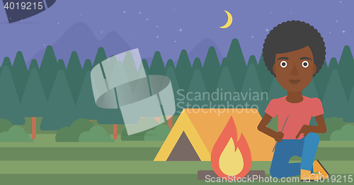 Image of Woman kindling campfire vector illustration.