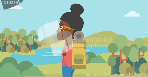 Image of Woman with backpack hiking vector illustration.