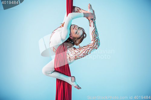 Image of Graceful gymnast performing aerial exercise