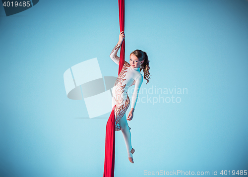 Image of Graceful gymnast performing aerial exercise