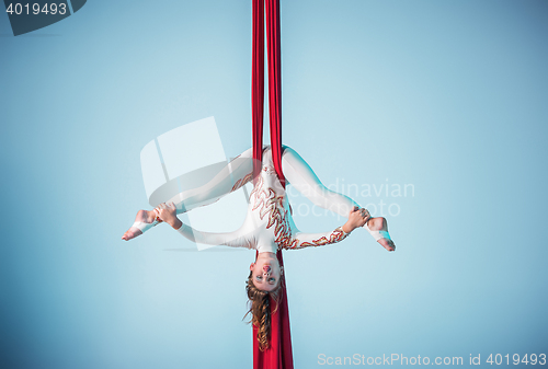 Image of Graceful gymnast performing aerial exercise