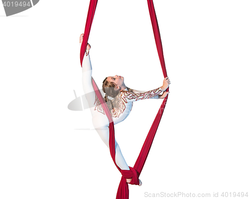 Image of Graceful gymnast performing aerial exercise