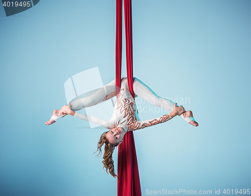 Image of Graceful gymnast performing aerial exercise