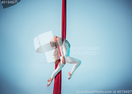 Image of Graceful gymnast performing aerial exercise