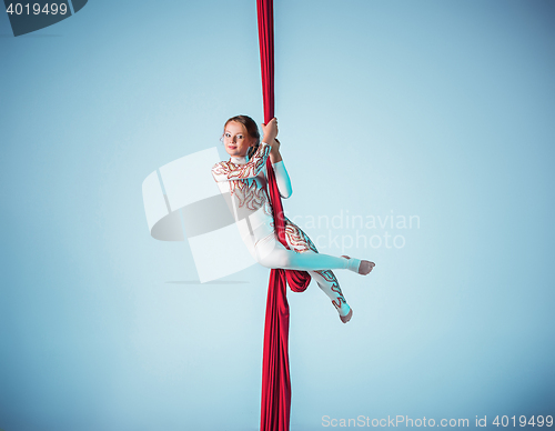 Image of Graceful gymnast performing aerial exercise