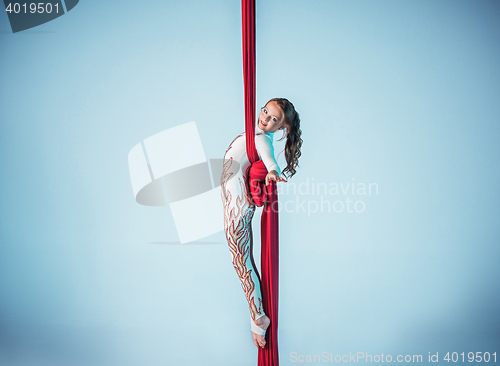 Image of Graceful gymnast performing aerial exercise