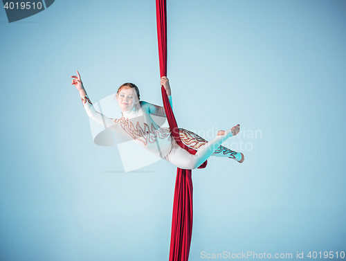 Image of Graceful gymnast performing aerial exercise