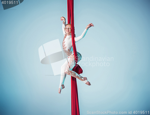 Image of Graceful gymnast performing aerial exercise