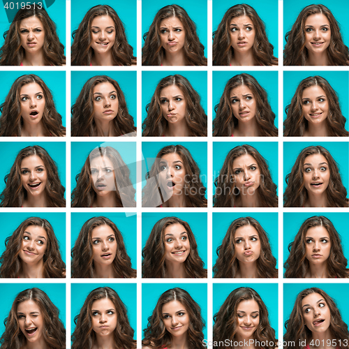 Image of Set of young woman\'s portraits with different happy emotions