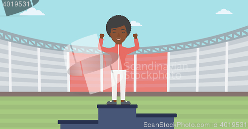 Image of Sportswoman celebrating on the winners podium.