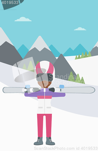 Image of Woman holding skis vector illustration.