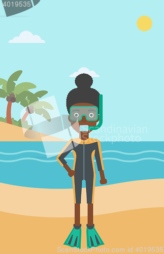 Image of Female scuba diver on beach vector illustration.