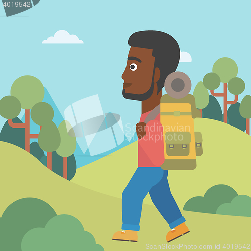 Image of Man with backpack hiking vector illustration.