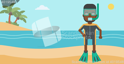 Image of Male scuba diver on the beach vector illustration.