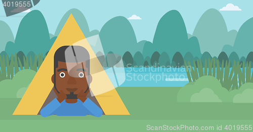 Image of Man lying in camping tent vector illustration.