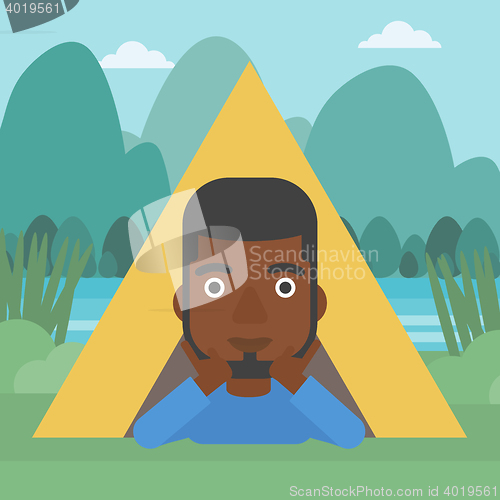 Image of Man lying in camping tent vector illustration.