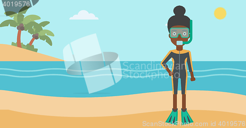 Image of Female scuba diver on beach vector illustration.