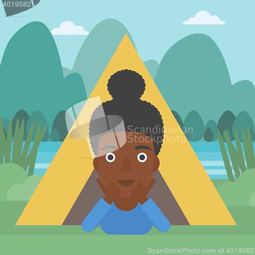 Image of Woman lying in camping tent vector illustration.