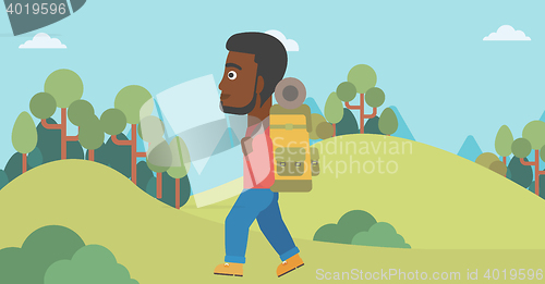 Image of Man with backpack hiking vector illustration.