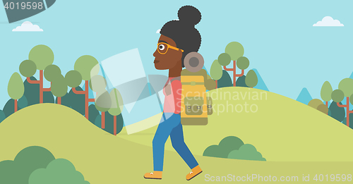 Image of Woman with backpack hiking vector illustration.