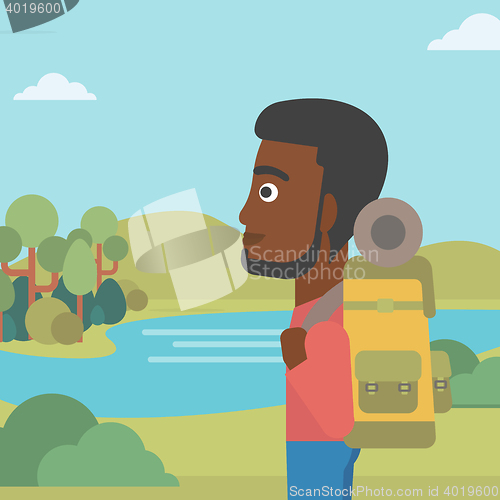 Image of Man with backpack hiking vector illustration.