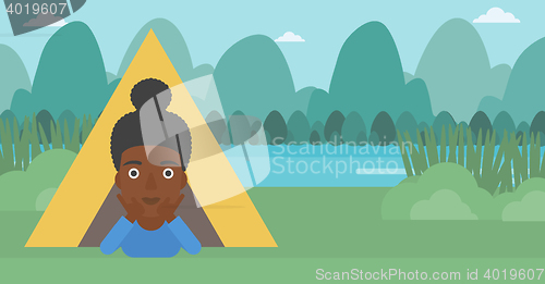 Image of Woman lying in camping tent vector illustration.