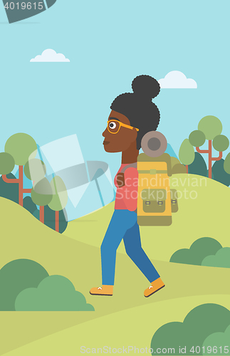 Image of Woman with backpack hiking vector illustration.
