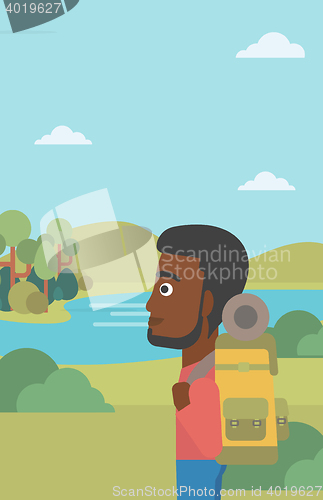 Image of Man with backpack hiking vector illustration.