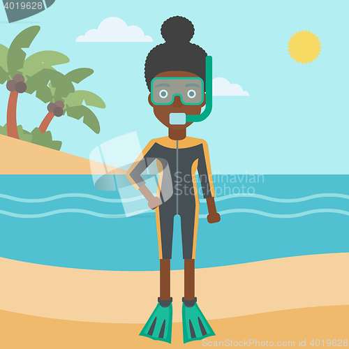 Image of Female scuba diver on beach vector illustration.