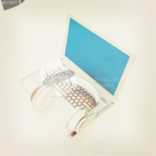 Image of Headphone and Laptop . 3D illustration. Vintage style.