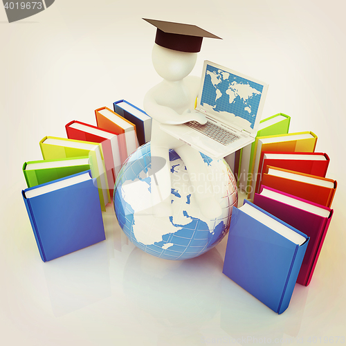 Image of 3d man in graduation hat sitting on earth and working at his lap
