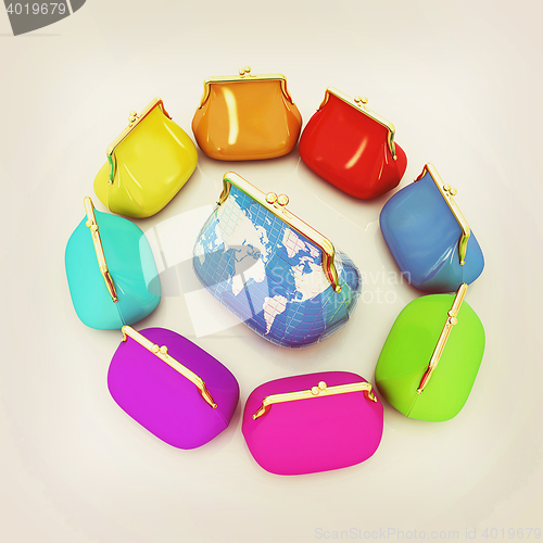 Image of Purse Earth and purses. On-line concept. 3D illustration. Vintag