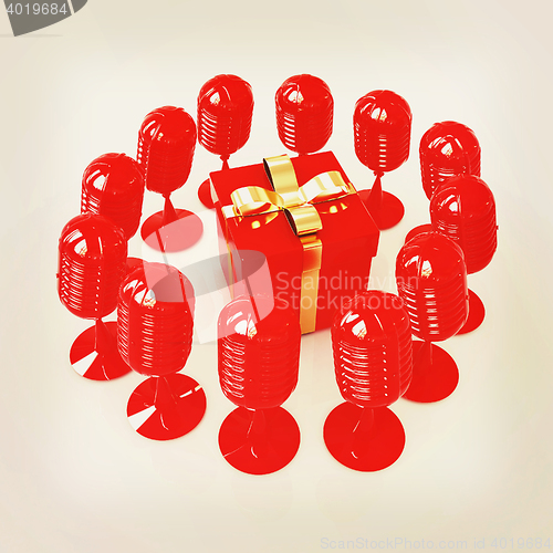 Image of microphones around gift box. 3D illustration. Vintage style.