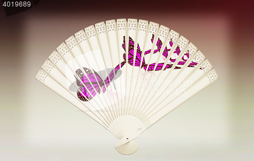 Image of Colorful hand fan . 3D illustration. Vintage style.