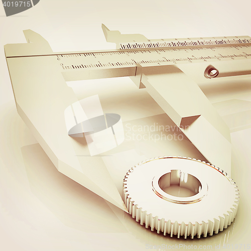 Image of Vernier caliper measures the cogwheel . 3D illustration. Vintage