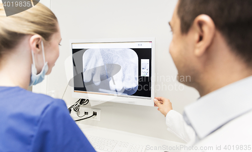 Image of close up of dentist and assistant at dental clinic