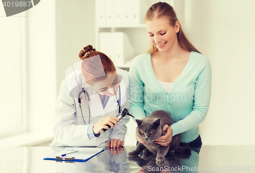 Image of happy woman with cat and doctor at vet clinic