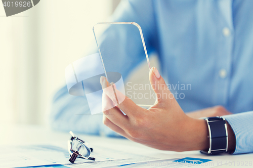 Image of close up of woman with transparent smartphone