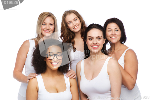 Image of group of happy different women in white underwear