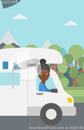 Image of Woman driving motor home vector illustration.